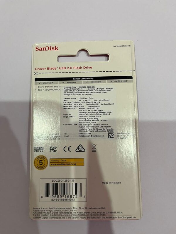 SanDisk Cruzer Blade 128GB, USB 2.0, Flash Drive, Pendrive, Red, 5Y Warranty (SDCZ50-128G-I35)SanDisk Cruzer Blade 128GB USB 2.0 Flash Drive - Image 7