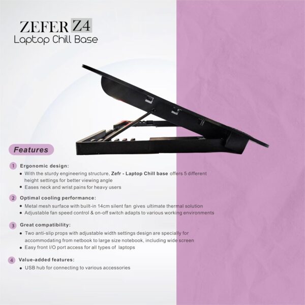 ZebionZefer Z4 Laptop Cooling Base for Heat Dissipation, aka Chill Pad, with Low Noise and Rugged Performance Fans, Sturdy Profile with Metal mesh, Slim & Sleek, Soothing Blue Light - Image 3